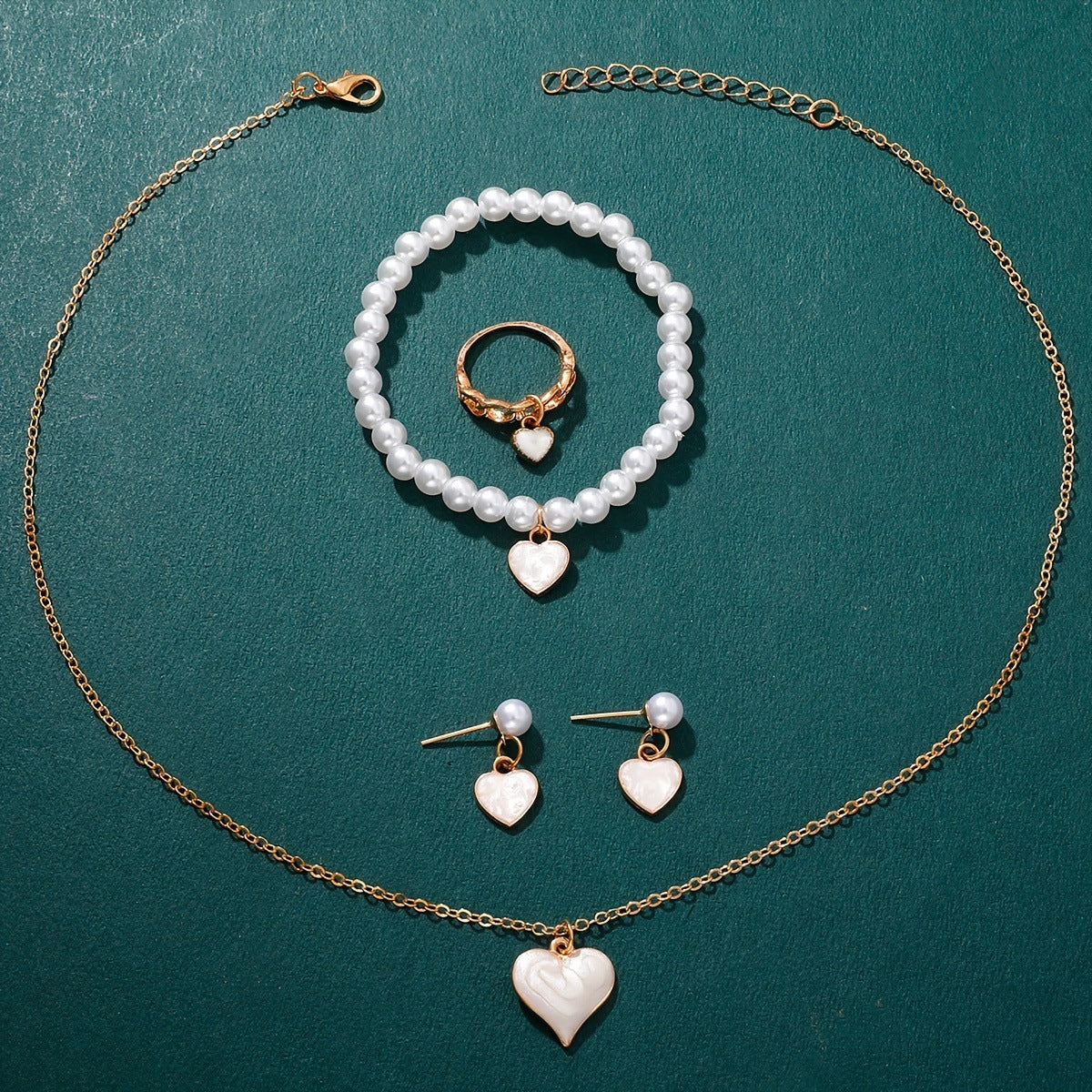 Girls Jewelry Cute All-match Oil Drop Heart Necklace Earrings Ring Bracelet Four-piece Set - DropOnline.co