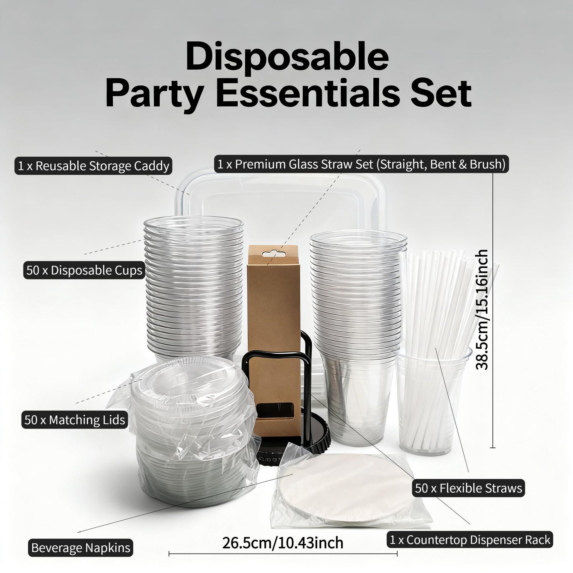 50Pack 16oz Disposable Cups COMPLETE KIT With Lids  Straws Includes 15Quart Storage Bin, Glass Straws  Dispenser Rack  For Wedding, Catering, Party  Coffee Events - DropOnline.co