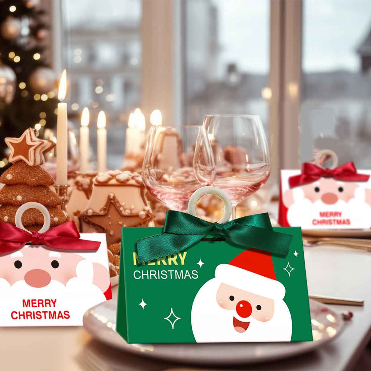 10 Pack Christmas Candy Boxes with Ribbon & Wooden Ring - Santa Pattern Treat Boxes - DropOnline.co