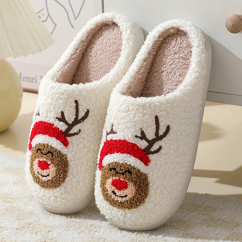 Christmas Home Slippers Cute Cartoon Santa Claus Cotton Slippers For Women And Men Couples Winter Warm Furry Shoes - DropOnline.co