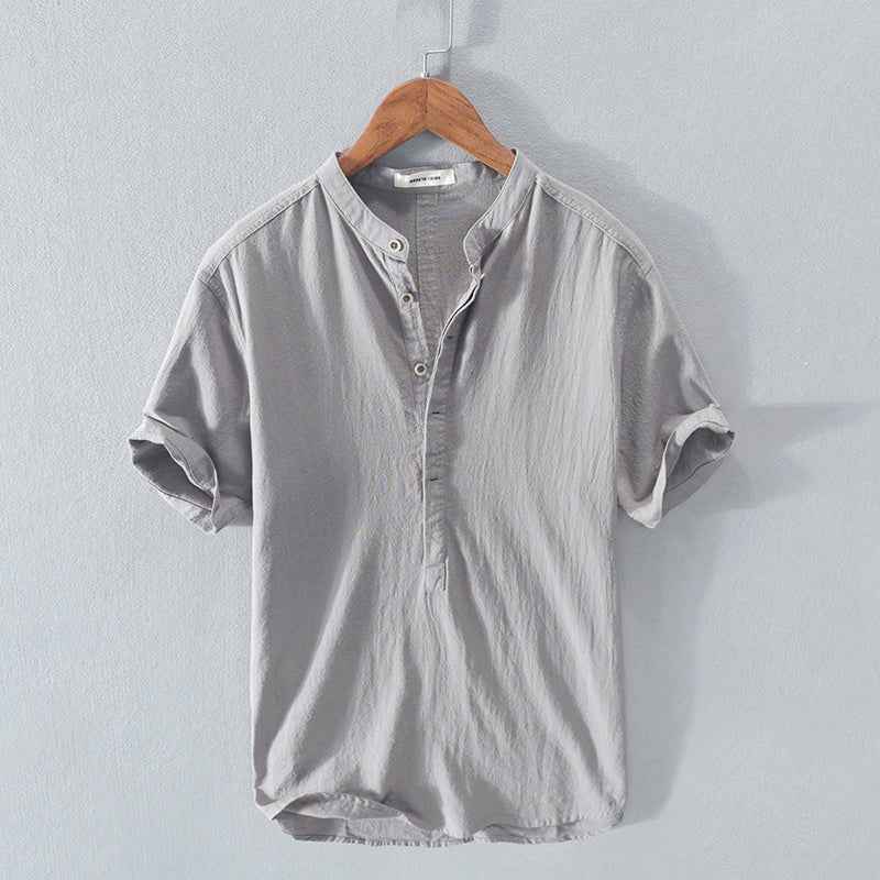 Men's Stand Collar Ice Silk Linen T-Shirt - Japanese Style Short Sleeve