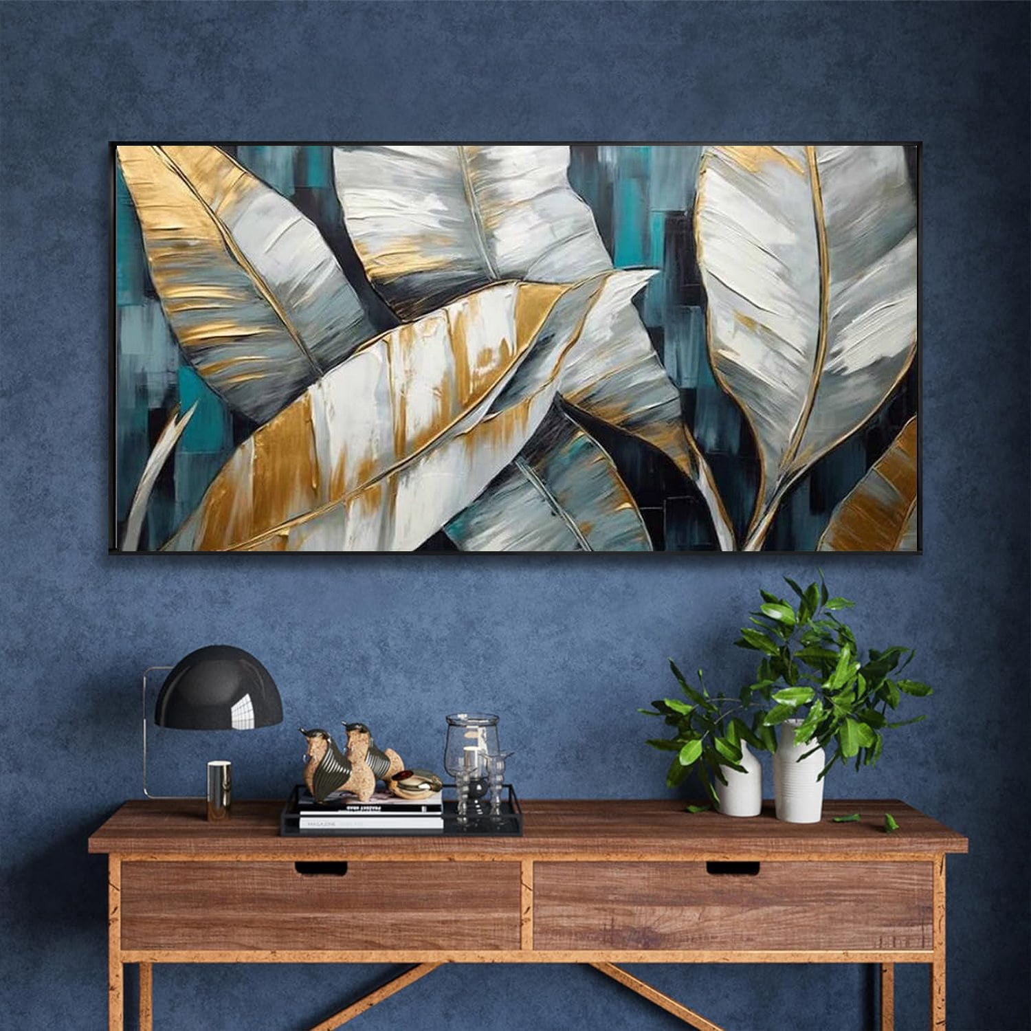 Handmade Oil Painting Canvas Wall Art Decoration Abstract Large Golden Green Banana Leaves Pictures Modern Family Bedroom Decor Rolled Frameless Unstretched Painting - DropOnline.co