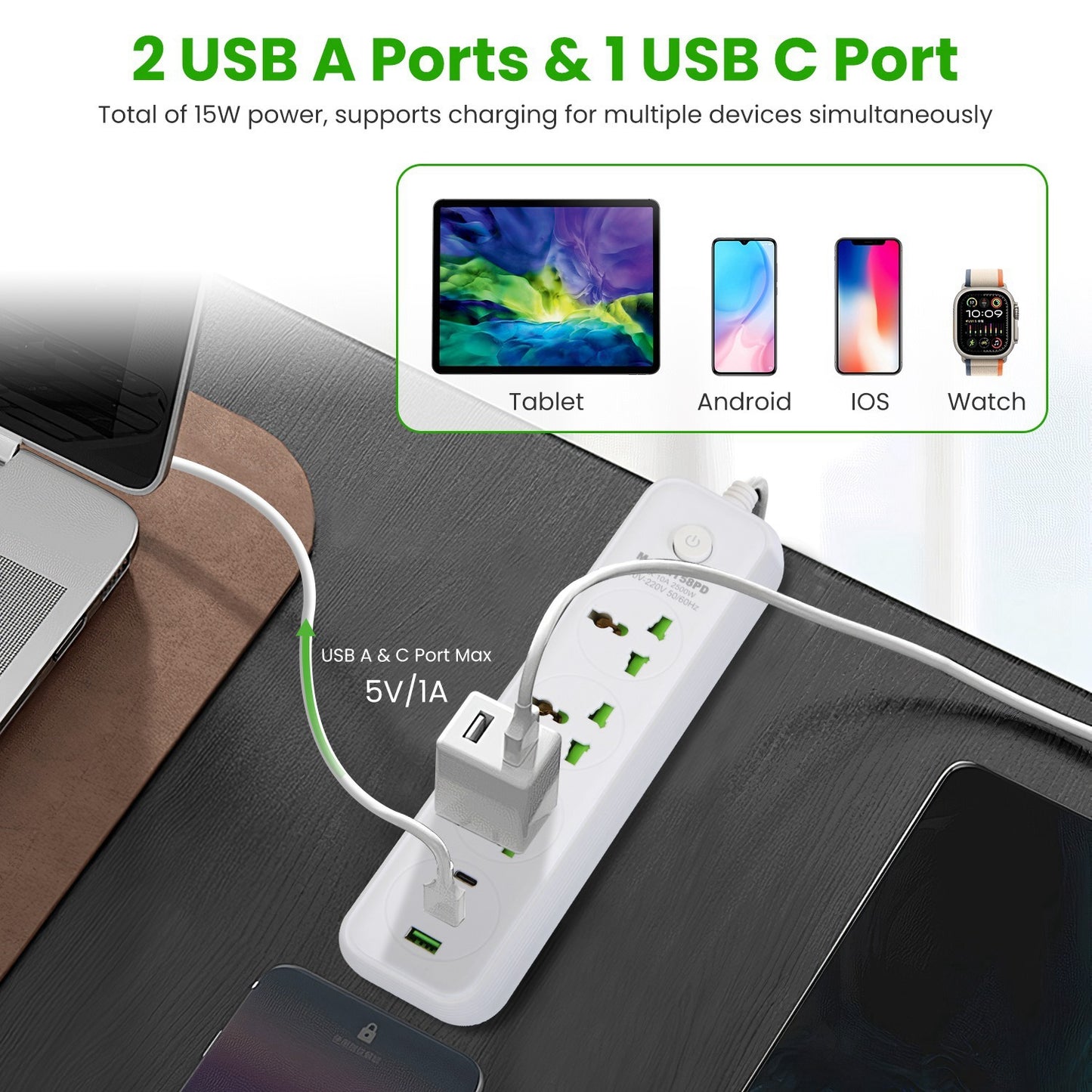 1Pc Power Strip With 6FT Extension Cord 3 AC Outlets And 2 USB A Ports 1 USB C Port 2500W Wall Mount Outlet Extender For Home Office Dorm Travel - DropOnline.co