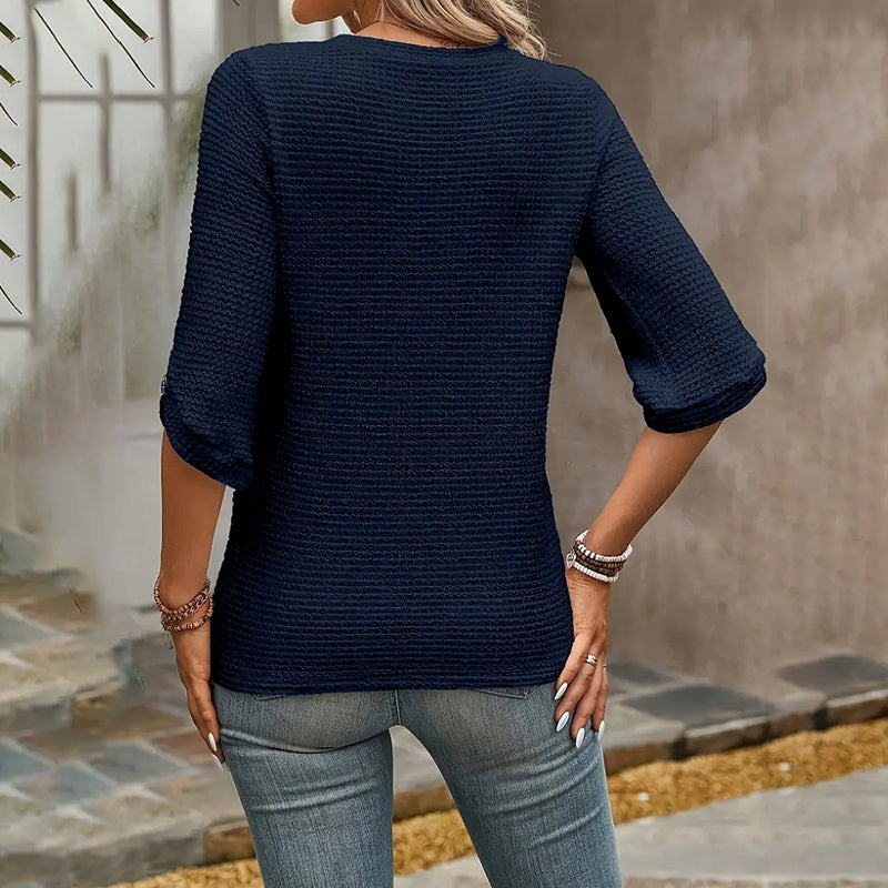 Women's Crew Neck Half Sleeve Shirts Waffle Knit Loose Blouse Solid Color Tops - DropOnline.co