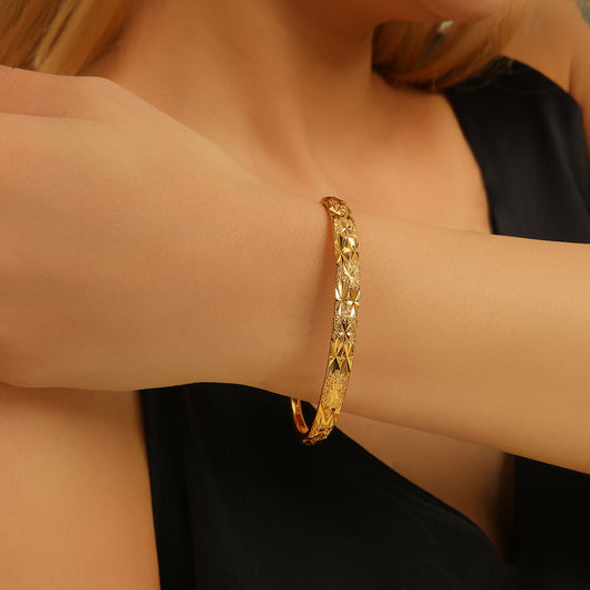 1pcsVintage Gold-plated 18k Delicate Pattern Bracelet, Sand Gold Women's Open Bracelet, Suitable For Daily Wear Holiday Gifts - DropOnline.co
