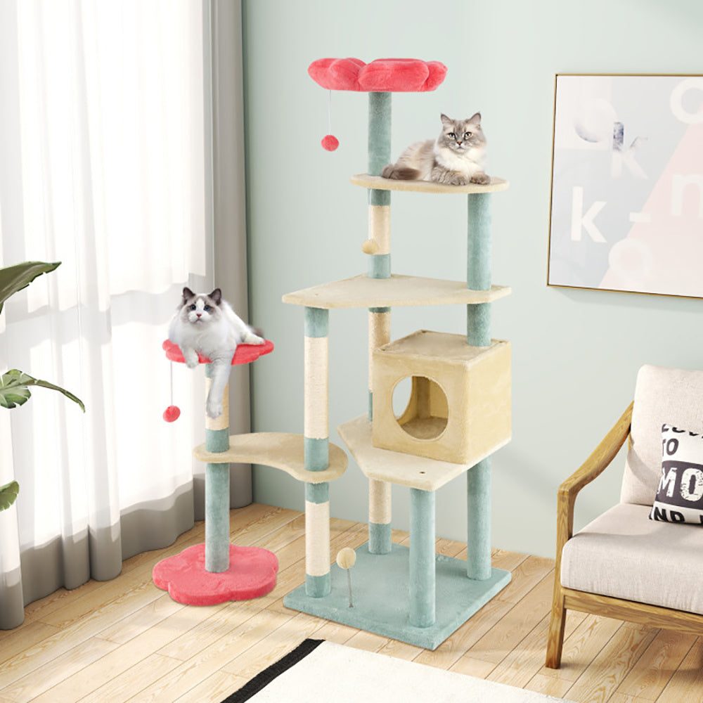 61 Inch Multi-Level Aesthetic Floral Kitten Tower With Flower-Shaped Padded Perch - DropOnline.co