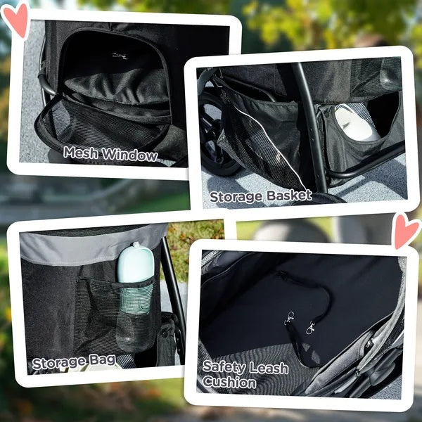 3 In 1 Pet Jogging Stroller For Small Dogs And Cats With Detachable Carrier, Storage Basket, Gray - DropOnline.co
