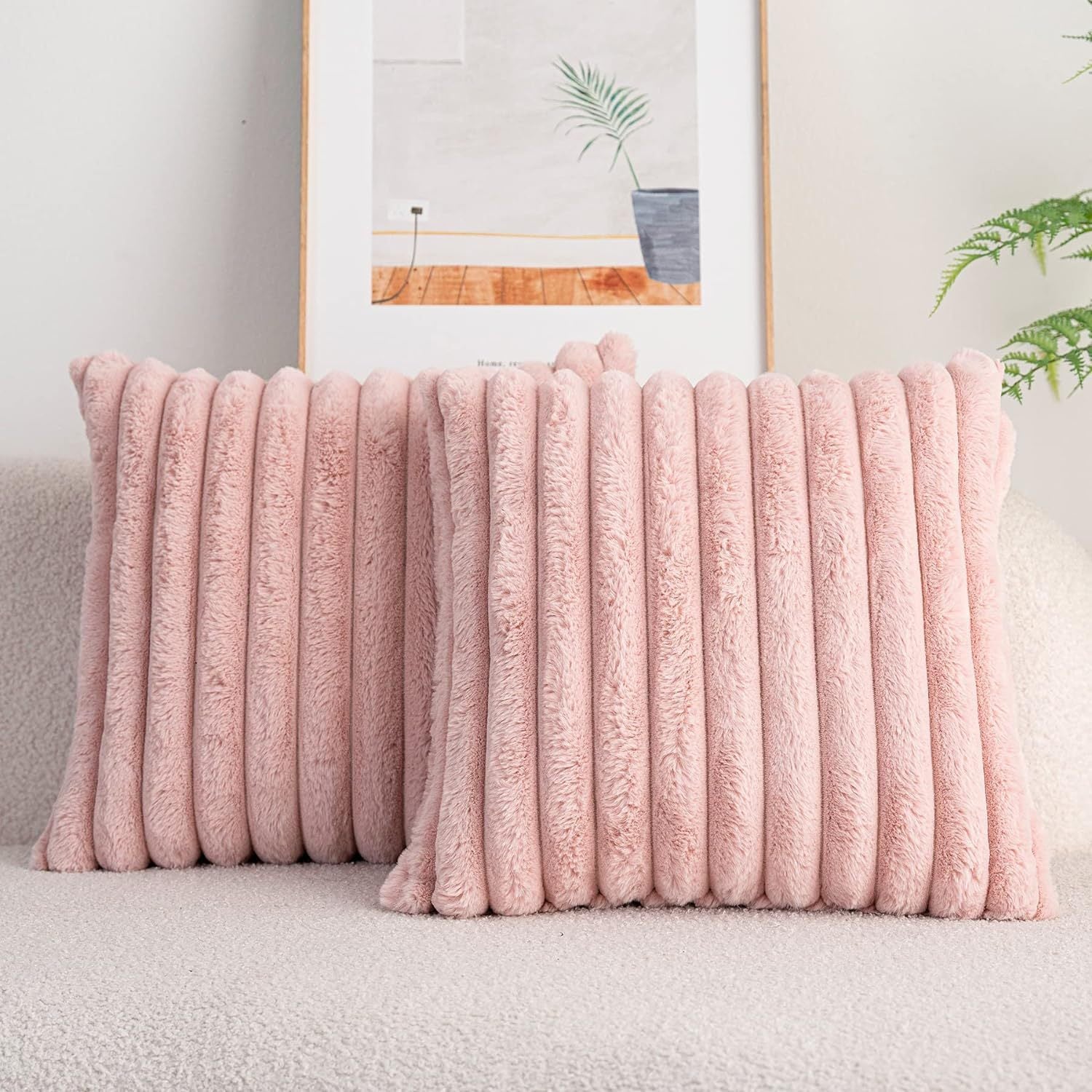 Rabbit Fur Solid Color Vertical Bar Plush Square Cushion Cover - DropOnline.co