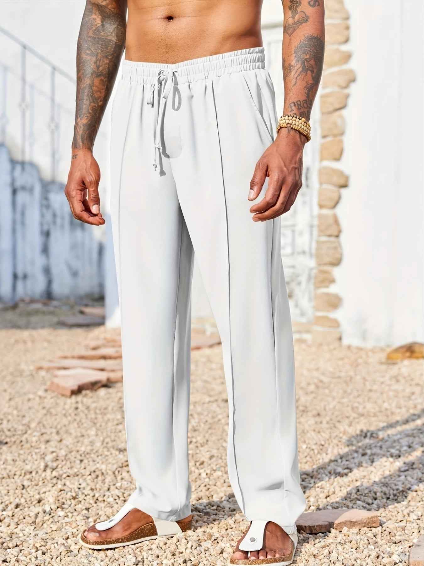 Men's Casual Loose Trousers - Quick-Drying Waist-Tied Pants with Pockets