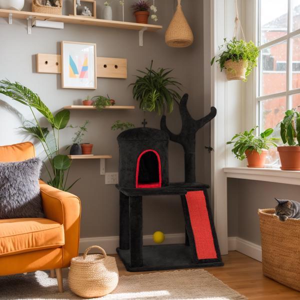 Gothic Cat Tree, Halloween Cat Tower Cat Tree With Spacious Cat Condo, Brach Shaped Scratching Post, Scratching Ladder, Spider Toy For Indoor Cats, Red & Black - DropOnline.co