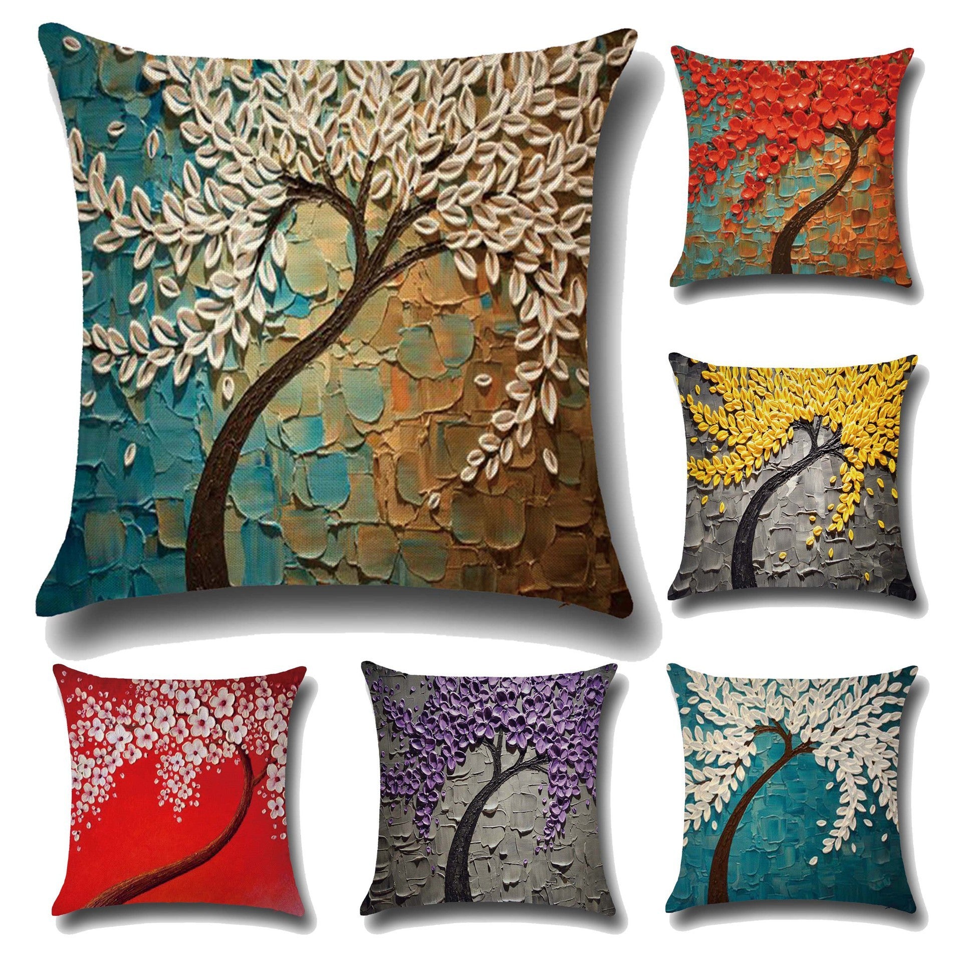 Three-dimensional Oil Painting Trees Flowers Cotton Cushion Cushion Pillowcase Car Waist Cushion Cover - DropOnline.co
