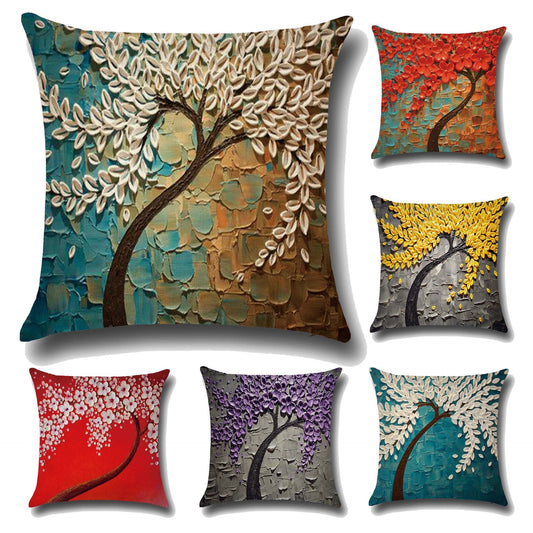 Three-dimensional Oil Painting Trees Flowers Cotton Cushion Cushion Pillowcase Car Waist Cushion Cover - DropOnline.co