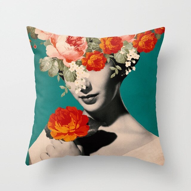 Abstract Print Flower Lady Cushion Cover - Artistic Pillow Cases for Modern Home Decor - DropOnline.co