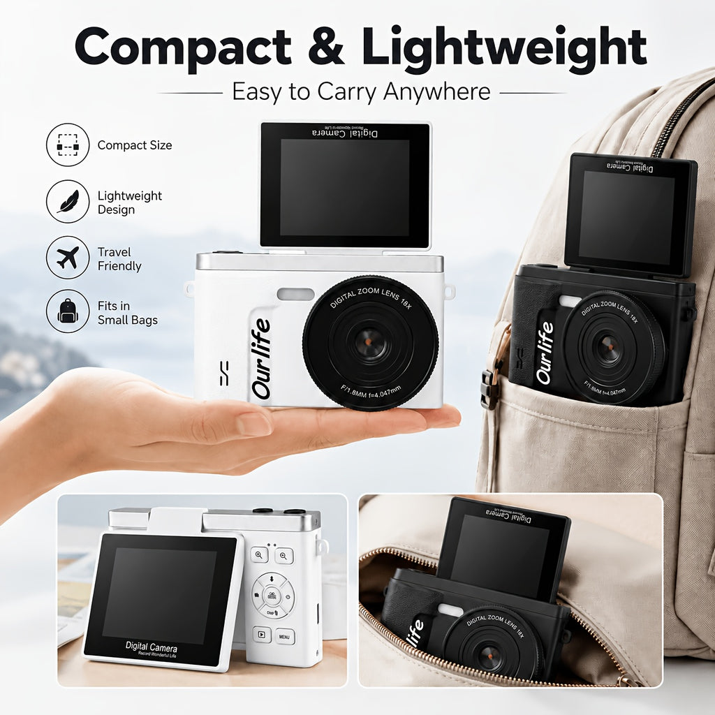 4K Digital Camera for Photography, 180° Flip Screen, 18X Digital Zoom Compact Point And Shoot Camera with Flash, Anti-Shake Portable Travel Camera for Daily Recording, Family, Beginners, And Students