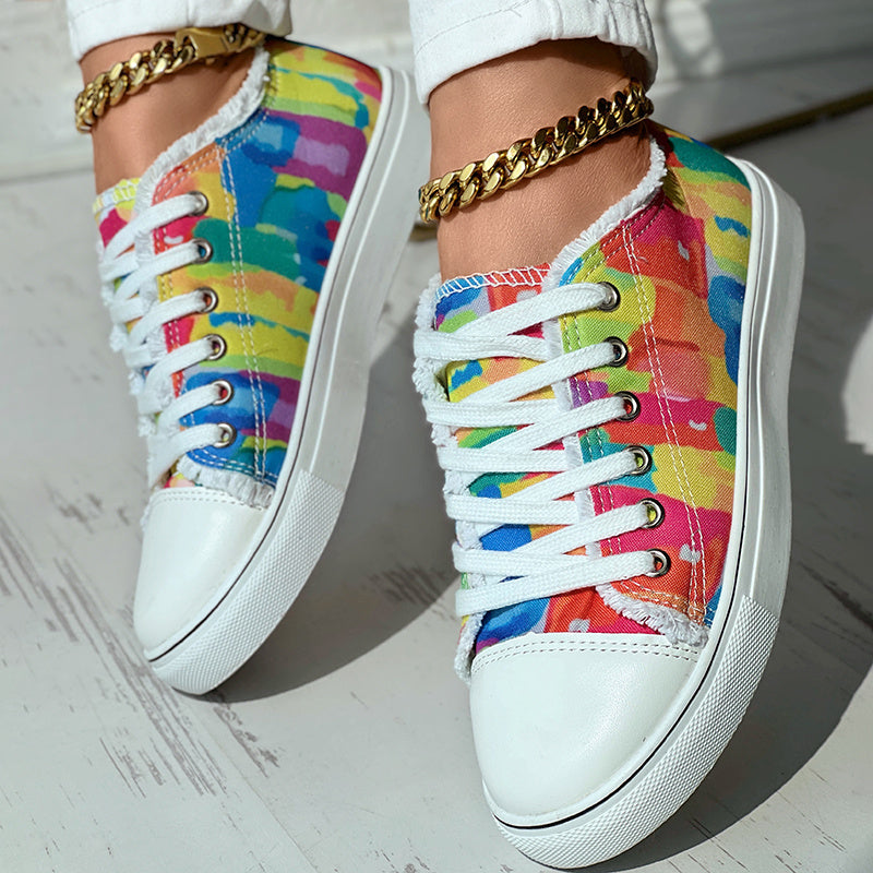 Melt Color Printed Tassel Hem Canvas Sneakers - Anklet Not Included - DropOnline.co