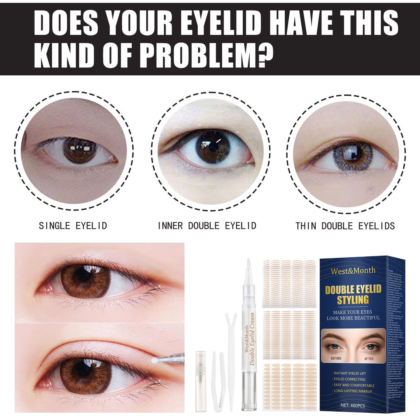 West&Month Double Eyelid Tape - Invisible, No-Glue, Natural Mesh Adhesive, Activates With Water, Beautiful Eyes, Olive Shaped Lace - DropOnline.co