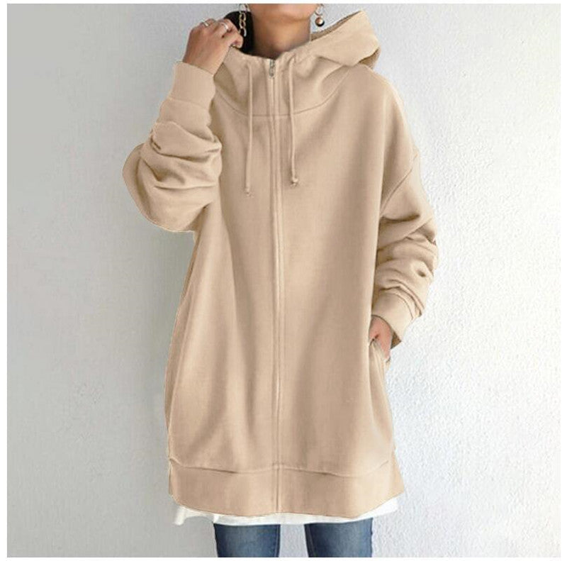 Women's Oversized Hooded Zip-Up Sweatshirt - Velvet-Lined Long Coat - DropOnline.co