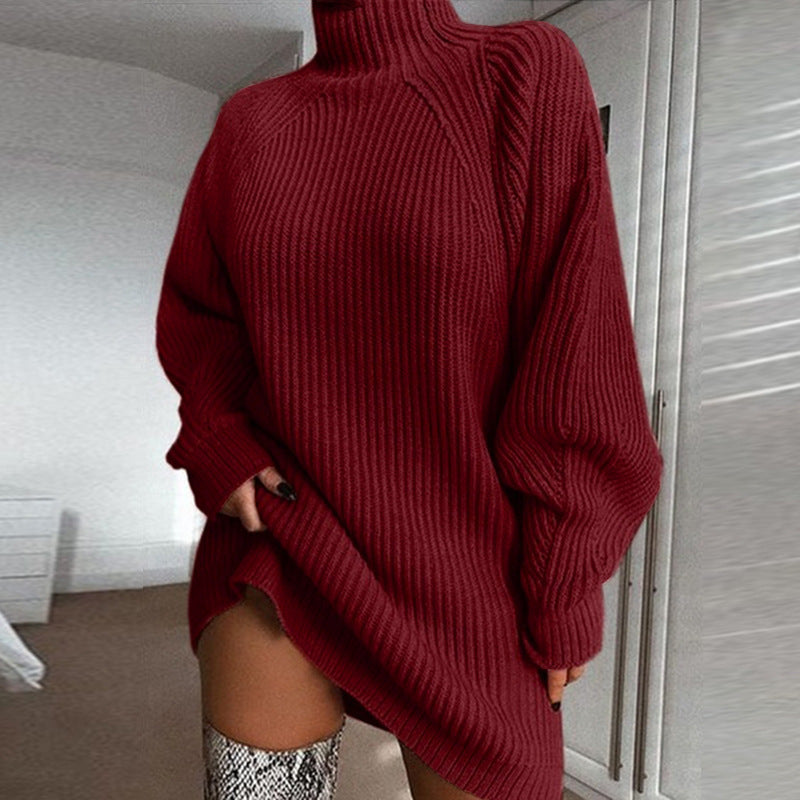 Solid Turtleneck Long Sweater Winter Warm Women Sweater Dress - DropOnline.co