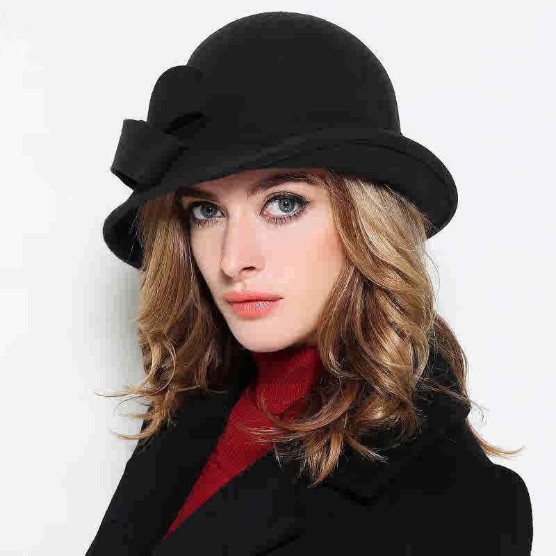 Women's French-Style Elegant Retro Woolen Bowler Hat with Curling Bow