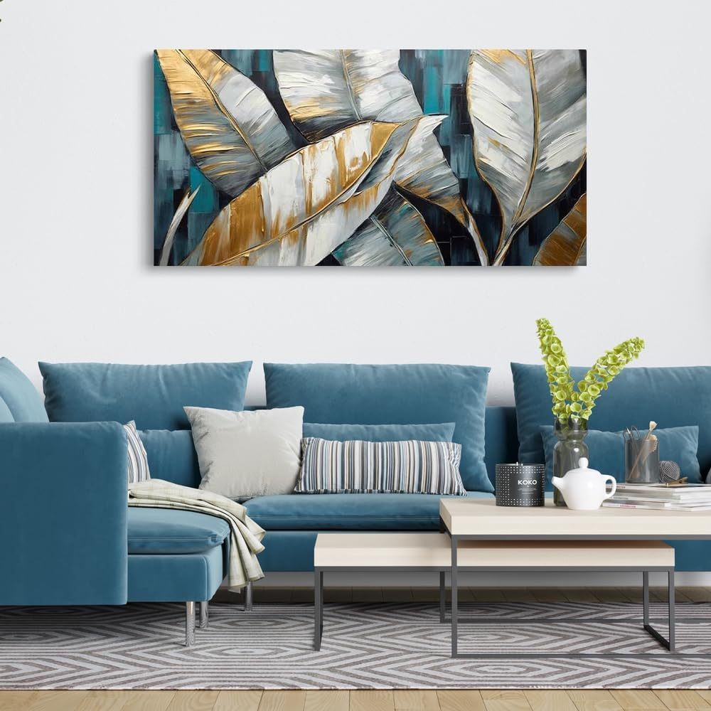 Handmade Oil Painting Canvas Wall Art Decoration Abstract Large Golden Green Banana Leaves Pictures Modern Family Bedroom Decor Rolled Frameless Unstretched Painting - DropOnline.co