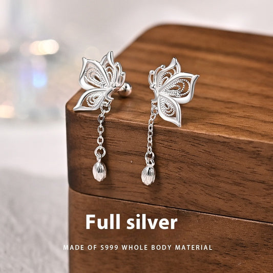 Women's S999 Silver Sweet Tassel New Butterfly Earrings - DropOnline.co