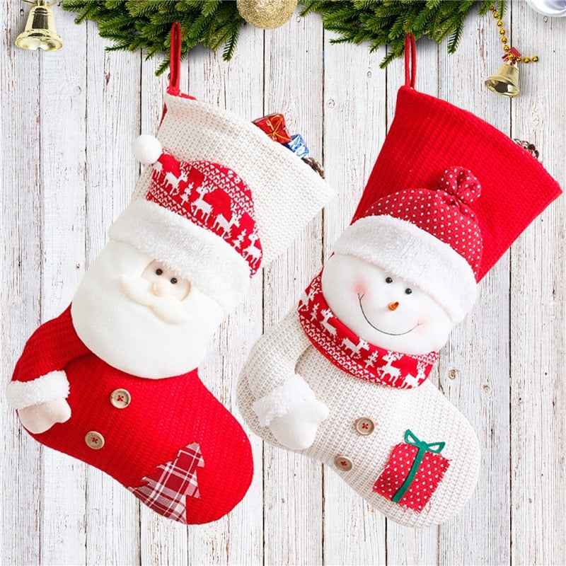 Large Knitted Christmas Stocking - Red White Santa Snowman Fireplace Decor Socks (46x32cm) - DropOnline.co
