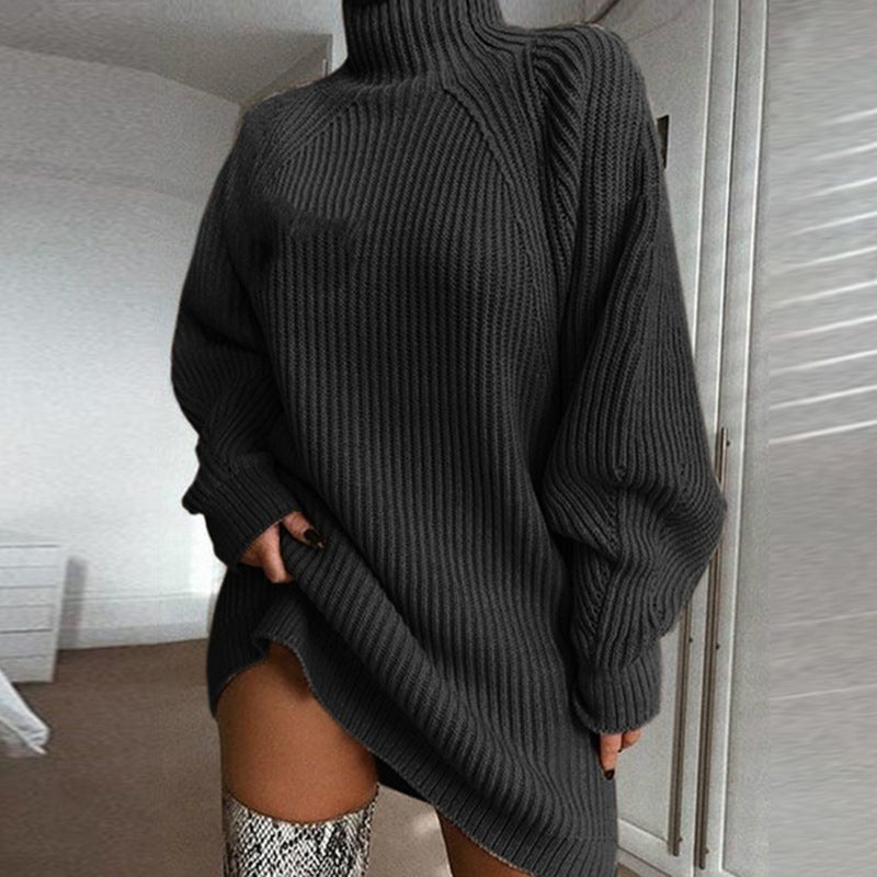 Solid Turtleneck Long Sweater Winter Warm Women Sweater Dress - DropOnline.co