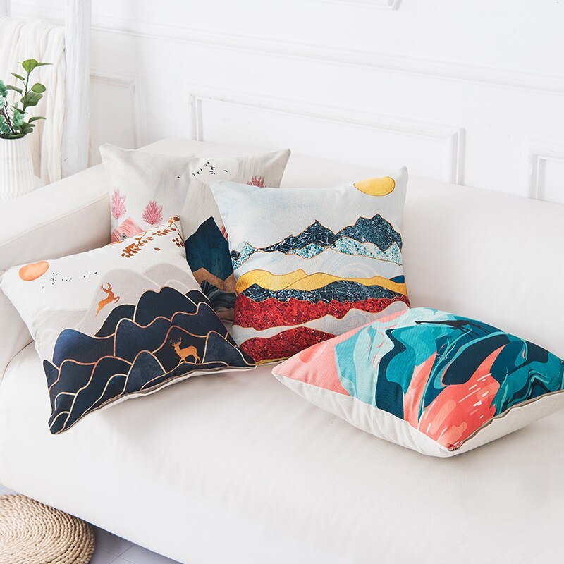 Mountain tree sunrise oil painting cushion cover - DropOnline.co