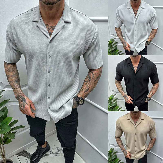 Men's Solid Color Short Sleeve Cardigan Shirt - Casual Button-Up