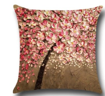 Three-dimensional Oil Painting Trees Flowers Cotton Cushion Cushion Pillowcase Car Waist Cushion Cover - DropOnline.co