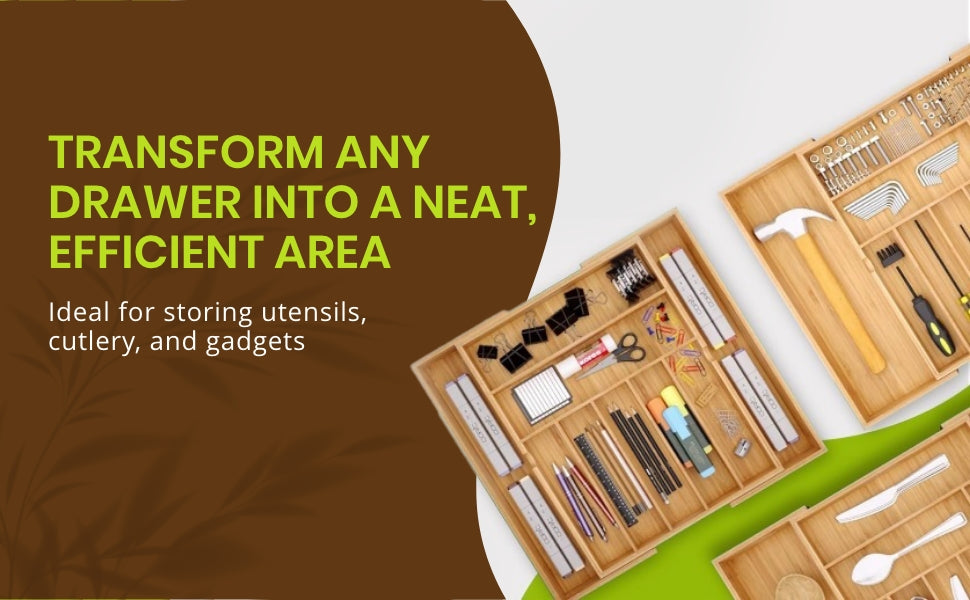Bamboo Drawer Organizer, 9-Compartment Utensil Tray