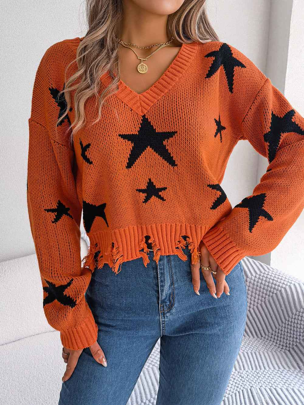 Women Casual V-Neck Star Distressed Long Sleeve Knit Sweater
