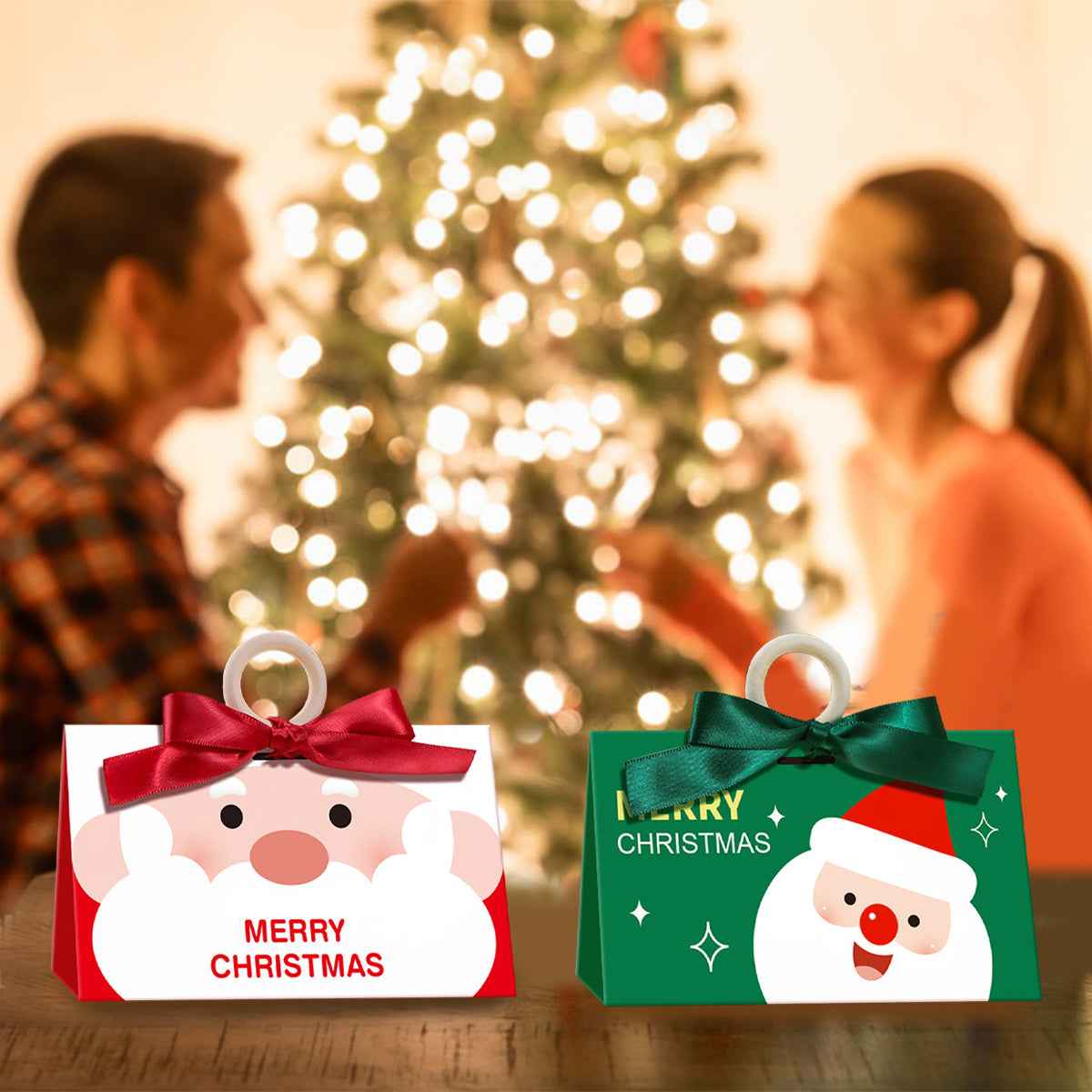 10 Pack Christmas Candy Boxes with Ribbon & Wooden Ring - Santa Pattern Treat Boxes - DropOnline.co