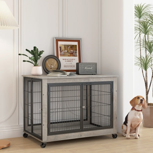Furniture Style Dog Cage Side Table With Wheels With Double Doors And A Raised Top. Grey - DropOnline.co