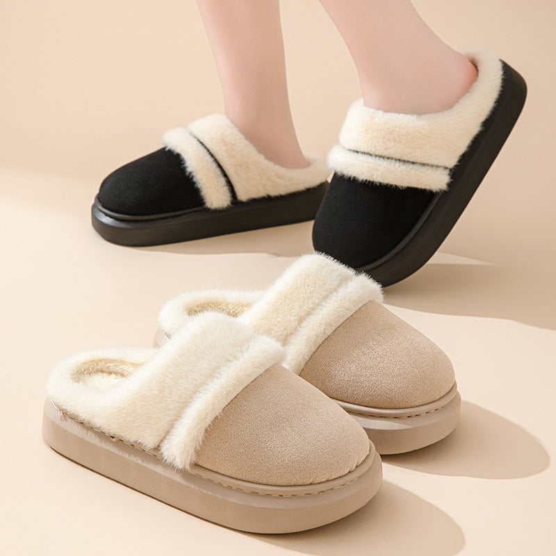 Fashion Warm Cotton Slippers For Women Leisure Thick Bottom Non-slip Plus-velvet House Shoes Winter Bedroom Floor Suede Slipper - DropOnline.co