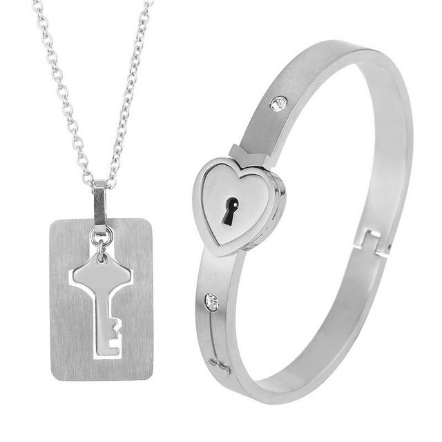 Fashion Jewelry Titanium Steel Couple Love Lock, Bracelet, Key Set, Necklace - DropOnline.co