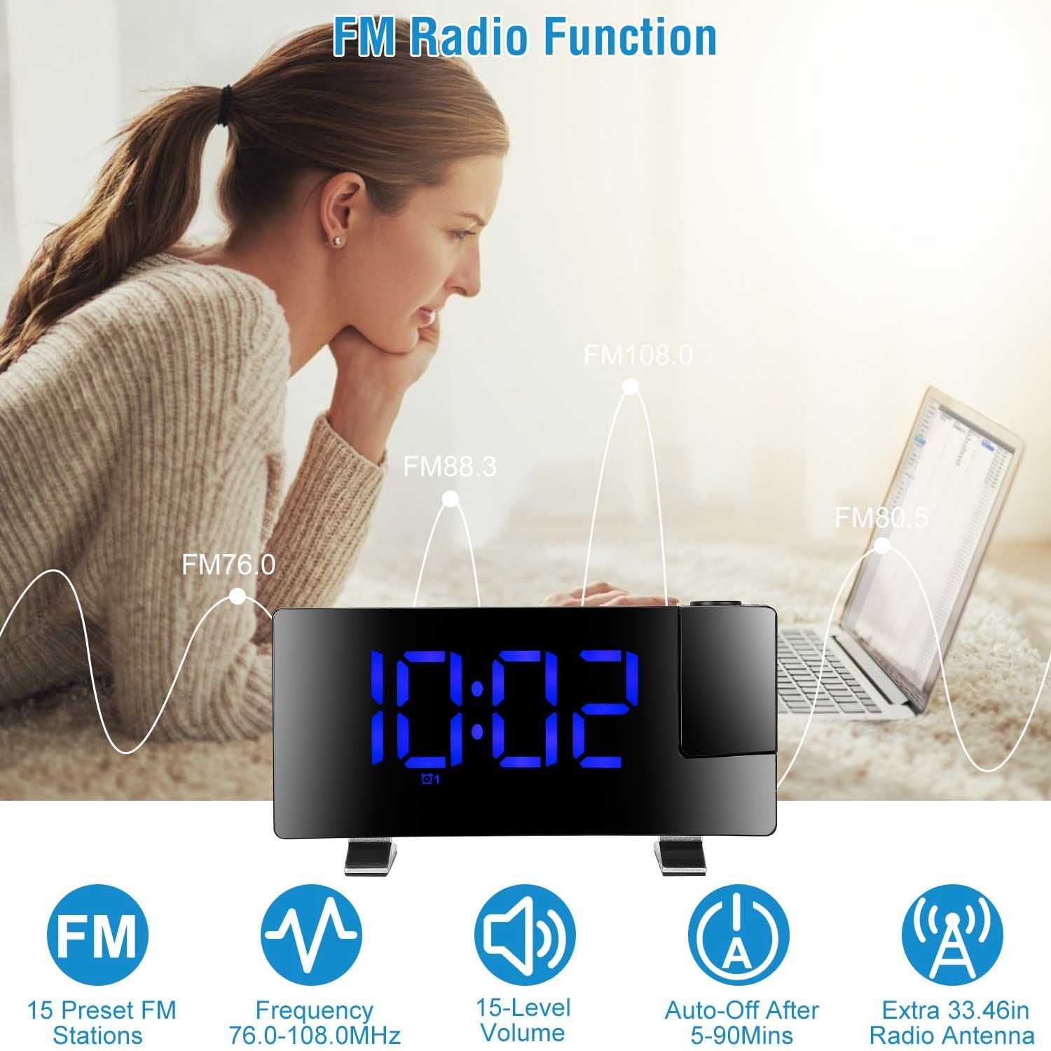 1Pc Projection Alarm Clock With Radio Function Curved Screen LED Digital Alarm Clock With Dual Alarms 4 Dimmer 12-24 Hour USB Charging Port 180Degree Rotatable Projection - DropOnline.co