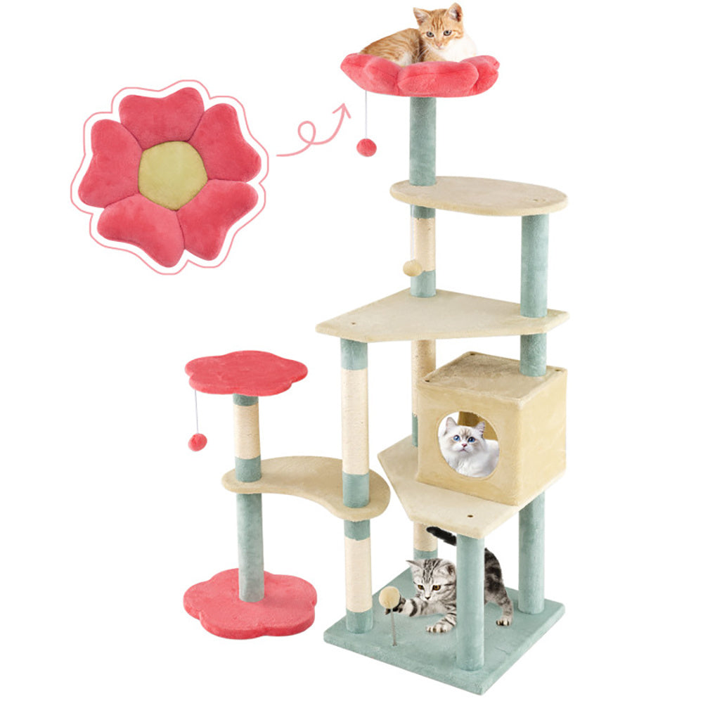 61 Inch Multi-Level Aesthetic Floral Kitten Tower With Flower-Shaped Padded Perch - DropOnline.co
