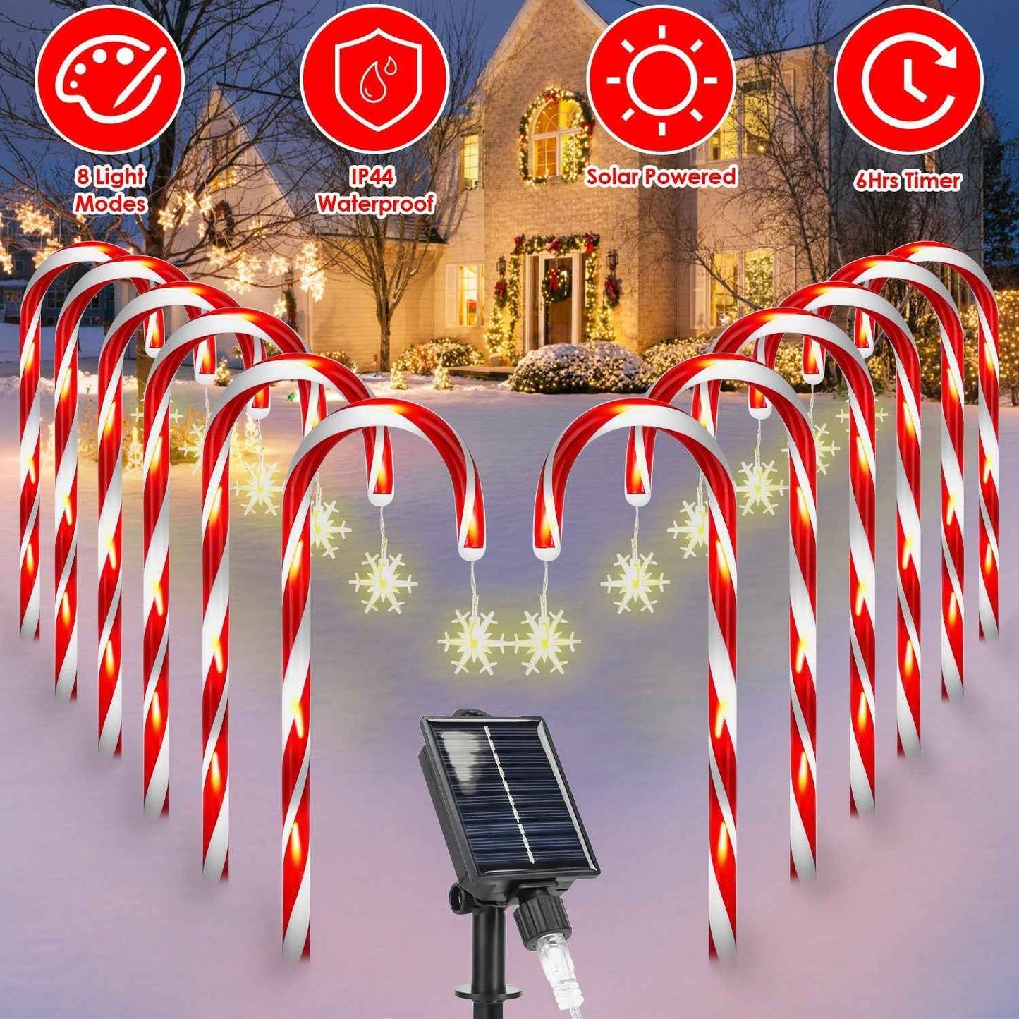 Solar Christmas Candy Cane Lights - 12 Candies 72LEDs IP44 Waterproof 8 Modes - DropOnline.co