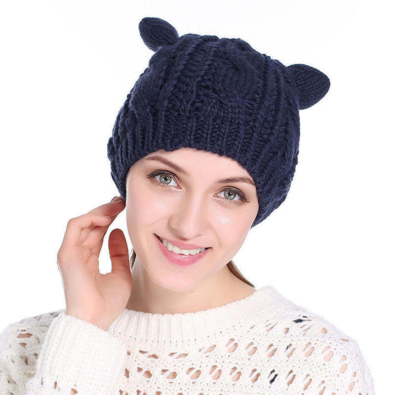 Autumn Winter Cat Ear Knit Beanie - Cute Animal Ear Hat - DropOnline.co