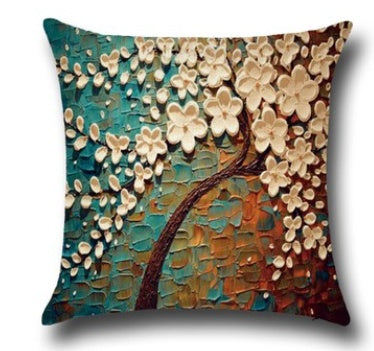 Three-dimensional Oil Painting Trees Flowers Cotton Cushion Cushion Pillowcase Car Waist Cushion Cover - DropOnline.co