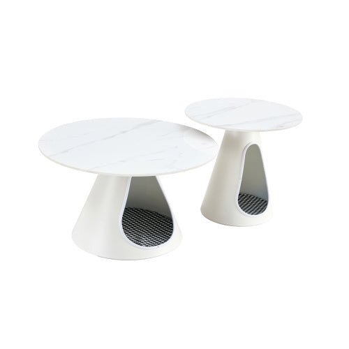 Set Of 2 Coffee Round Tables With A Marble-look Top And Steel Base With 2 Cat Beds Multifunctional And Stylish Entable - DropOnline.co