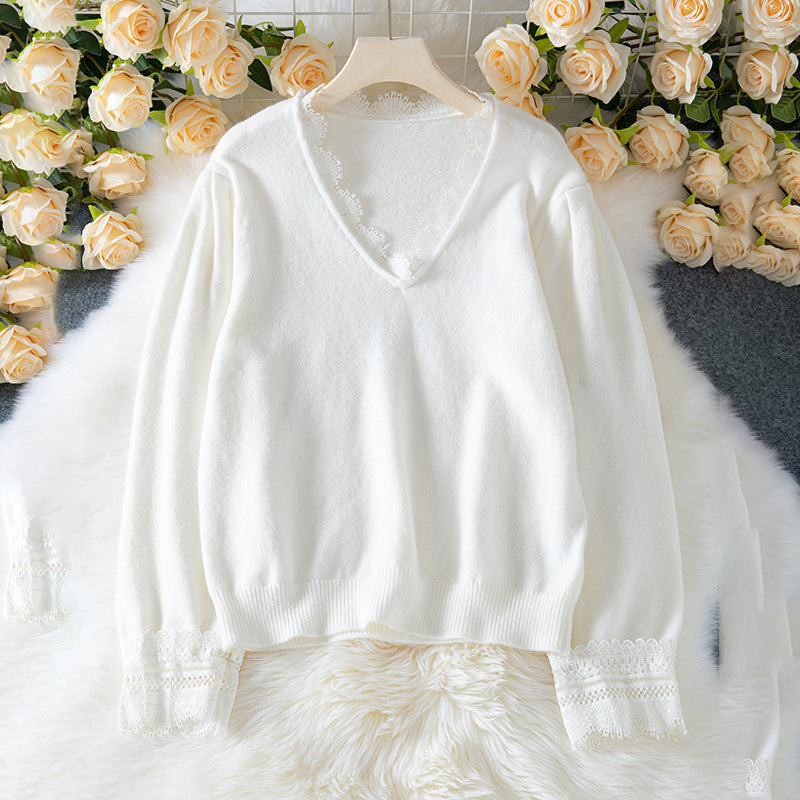 Women's Sweaters V Neck Lace Trim Long Sleeve Fall Pullover Tops Trendy Outfits For Women - DropOnline.co