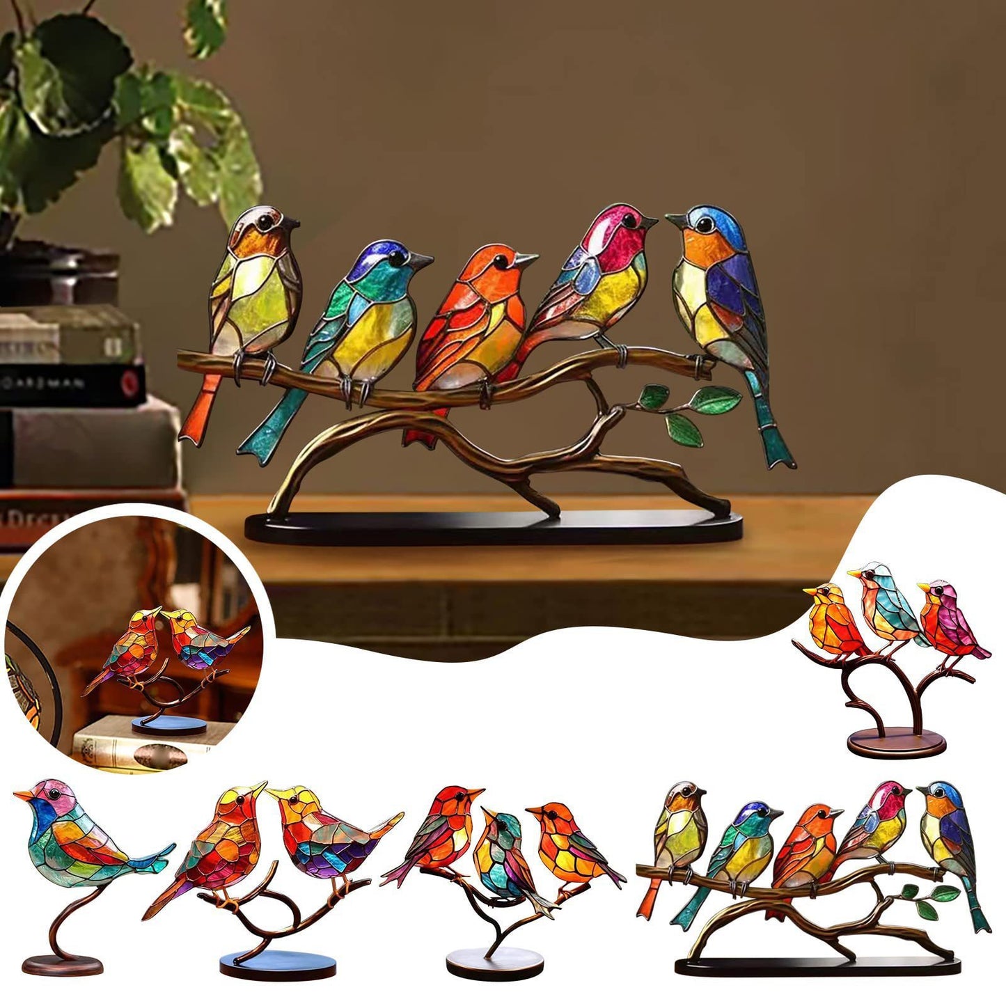 Stained Birds On Branch Desktop Ornaments For Bird Lover Home Decor Desk Decor For Bedroom Living Room And Office - DropOnline.co