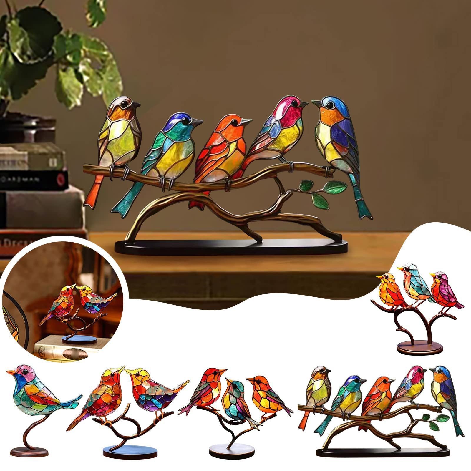 Stained Birds On Branch Desktop Ornaments For Bird Lover Home Decor Desk Decor For Bedroom Living Room And Office - DropOnline.co
