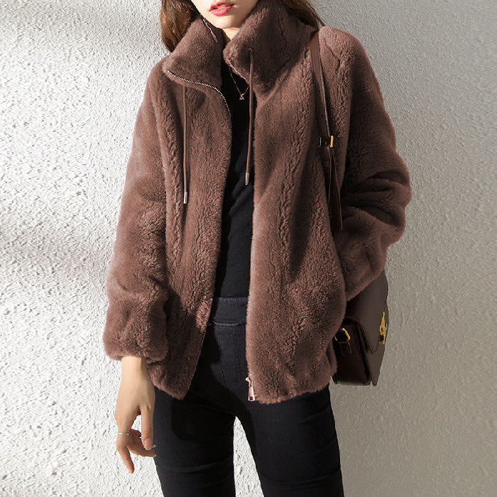 Double Faced Fleece Warm High Neck Sweater Women Cardigan - DropOnline.co