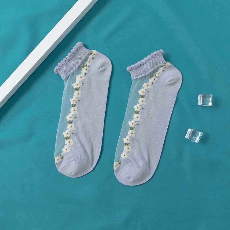 Women's Thin Spun Glass Lace Crystal Boat Socks - Delicate No-Show Socks