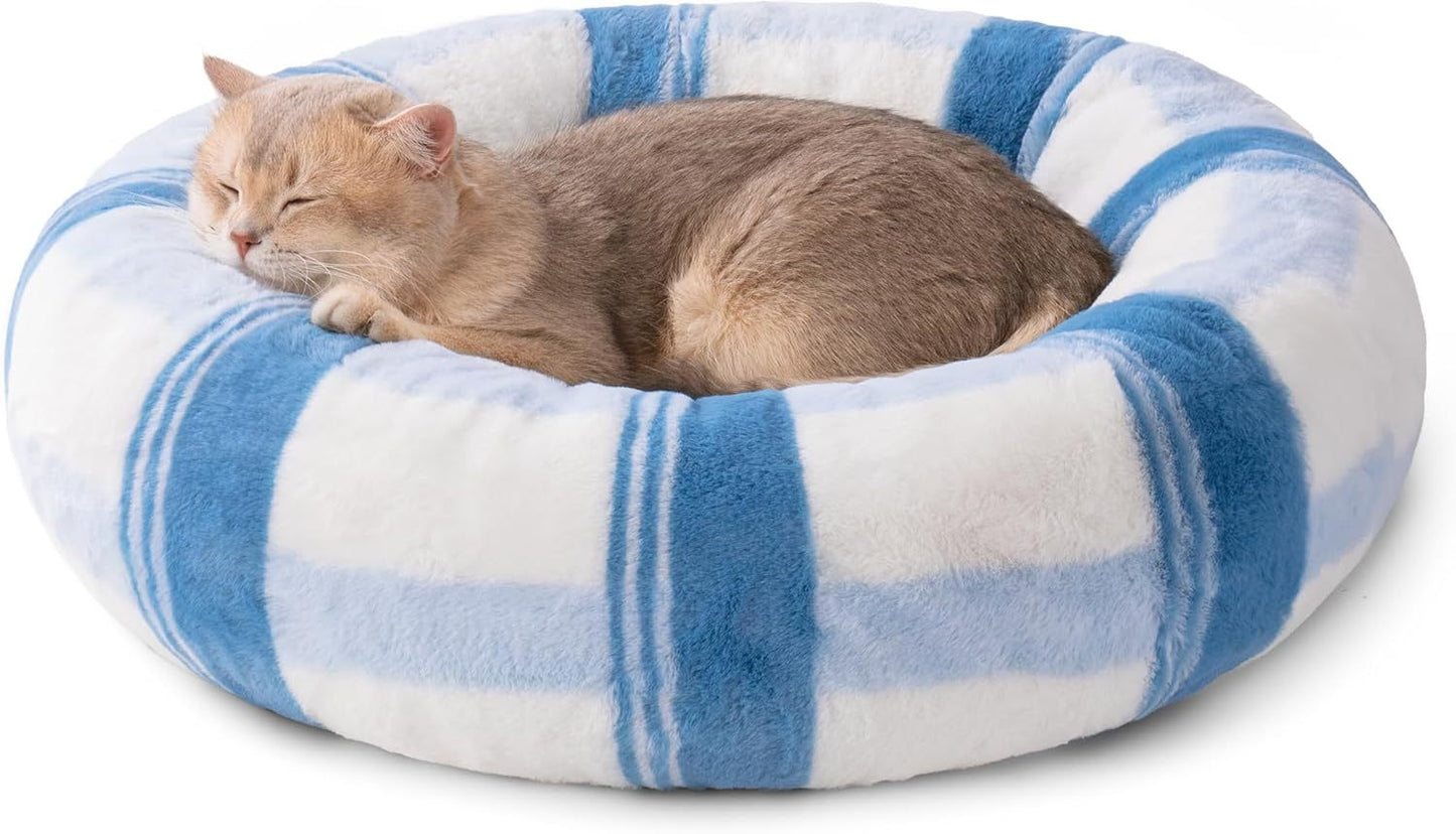 MEWOOFUN Plush Round Cat Bed For Indoor Cats - Calming Washable Pet Bed With Non-Slip Bottom, Soft Fluffy Dog Bed For Puppy & Kitten, 23 Inch Blue Striped - DropOnline.co