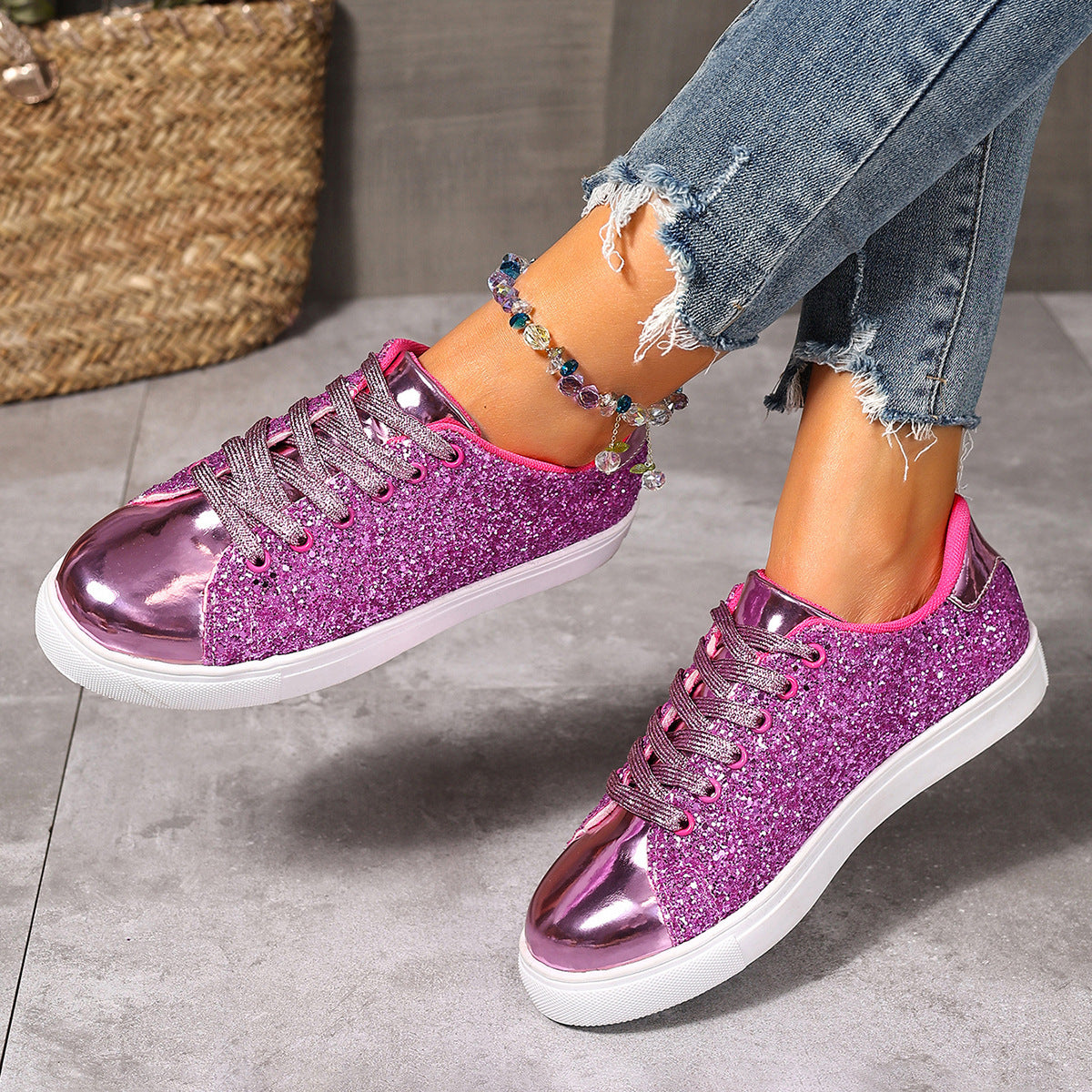Plus Size Sequined Front Lace-up Solid Color Plus Size Board Shoes - DropOnline.co