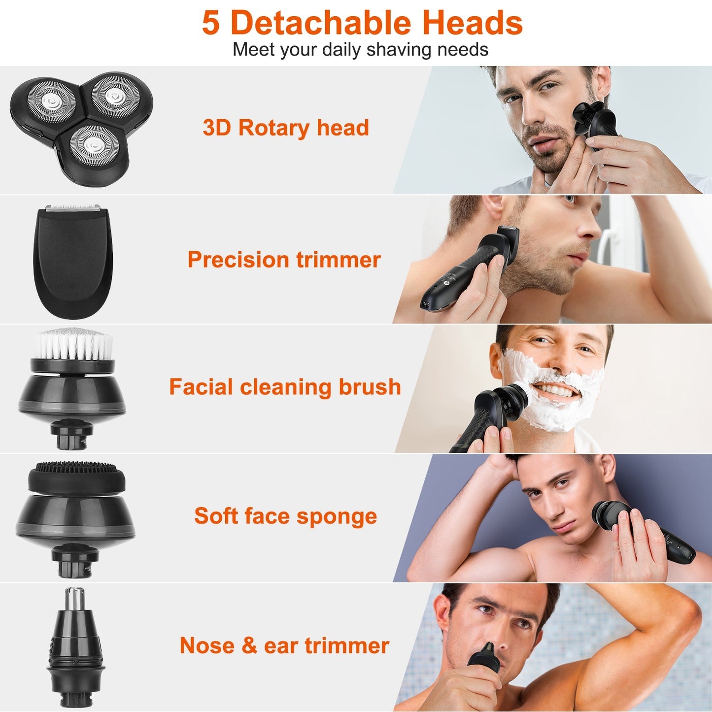 1Pack 5 In 1 Electric Razor Shaver Rechargeable Cordless Head Beard Trimmer Shaver Kit IPX6 Waterproof Dry Wet Grooming Kit - DropOnline.co